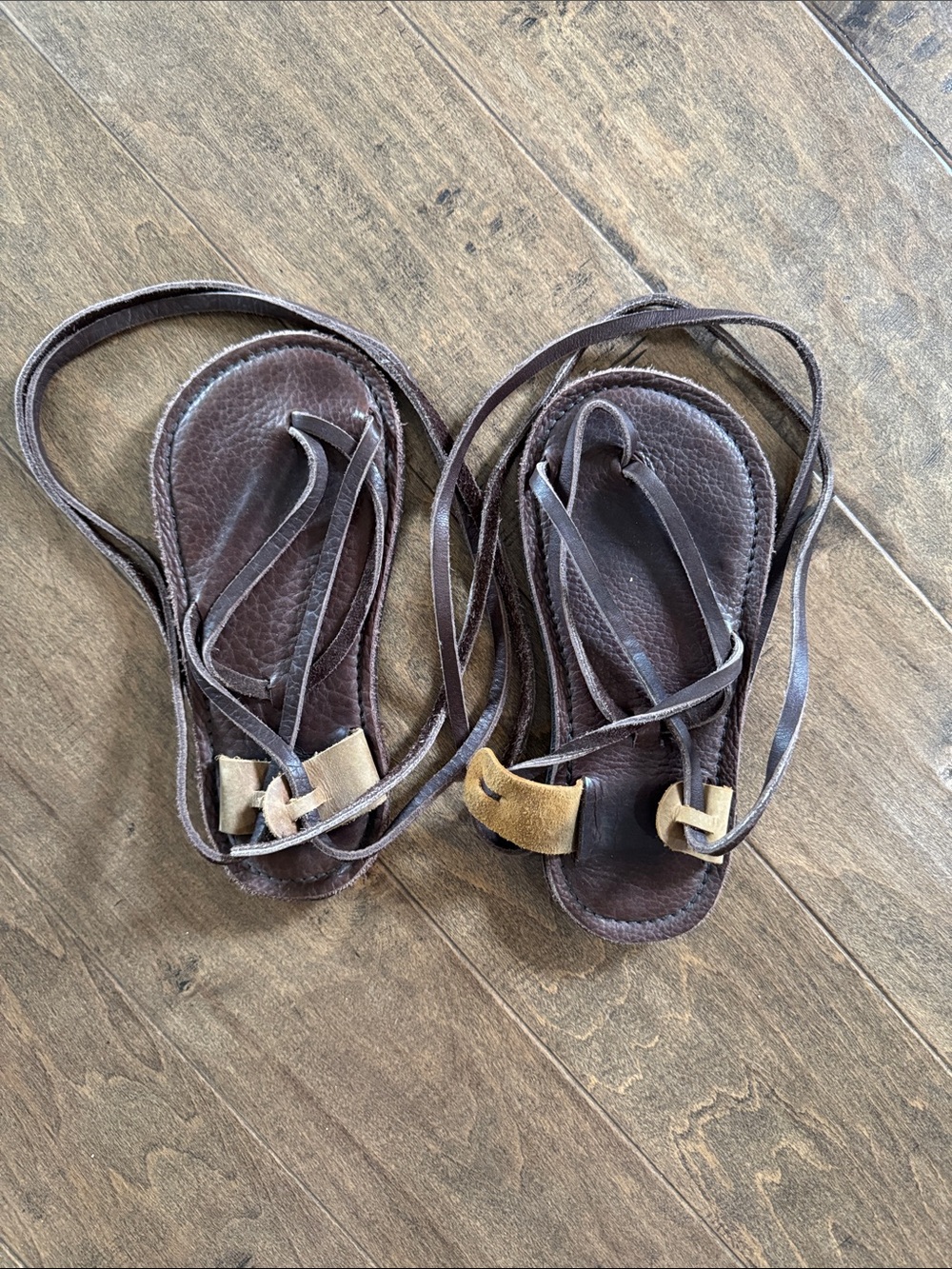 Hand Crafted Brown Leather Wrap Sandals with Tan Toe Loop